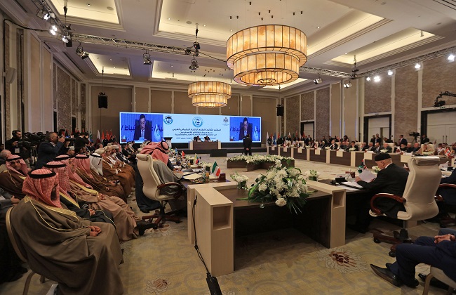 Leaders of Arab parliaments attend an emergency session in Jordan's capital Amman on February 8, 2020 to discuss Washington's controversial Middle East peace plan. (Photo by Khalil MAZRAAWI / AFP)