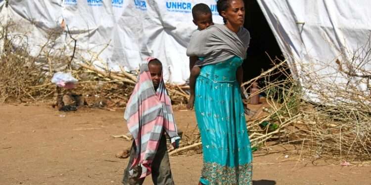 An Ethiopian refugee carries her child on her back as she walks at Um Raquba camp in Sudan's eastern Gedaref province, on November 28, 2020. - Sudan needs $150 million in aid to cope with the flood of Ethiopian refugees crossing its border from conflict-stricken Tigray, the UN refugee agency chief said during a visit to a camp. (Photo by ASHRAF SHAZLY / AFP)